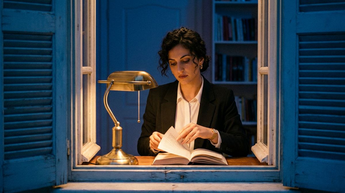 Composed, reading under a desk lamp