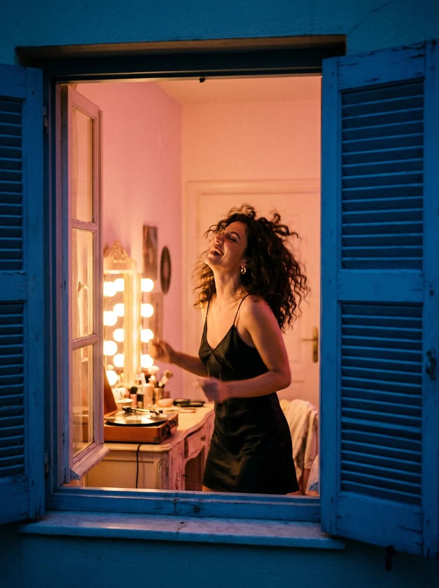 Electric, laughing under mirror bulbs