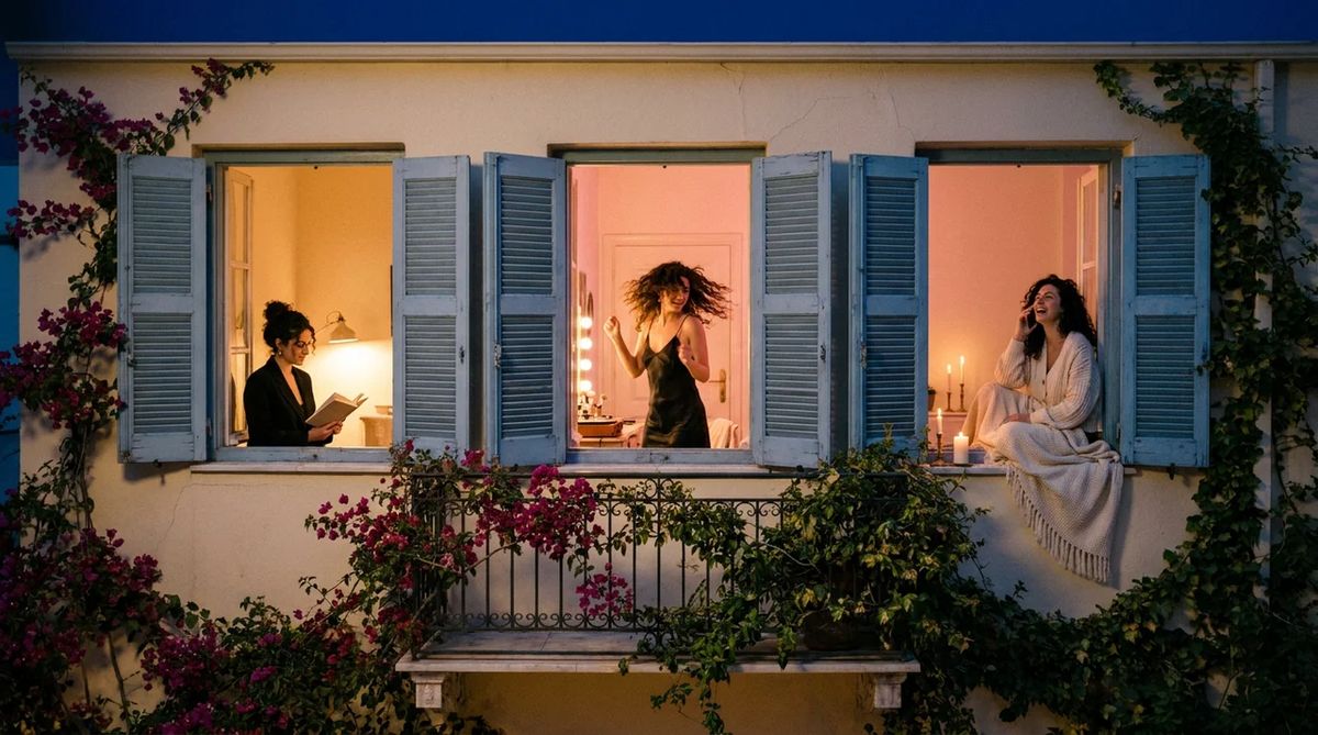 The building at night with three lit windows